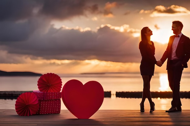 Une fille se tient sur une jetée avec une boîte en forme de coeur qui dit amour.
