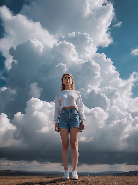 Une fille se tient avec des nuages autour d'elle