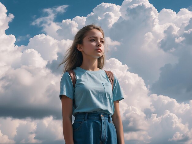 Une fille se tient avec des nuages autour d'elle