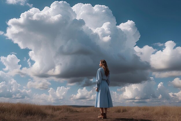 Une fille se tient avec des nuages autour d'elle