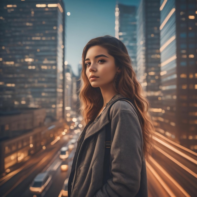 Une fille se tient sur un rebord dans une ville avec les lumières allumées.