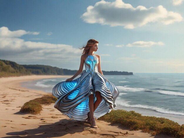 Une fille se tient sur la rive de la plage avec une robe futuriste