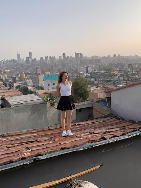 Photo une fille se tient sur le toit.