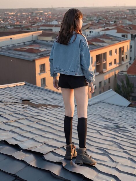Une fille se tient sur le toit.