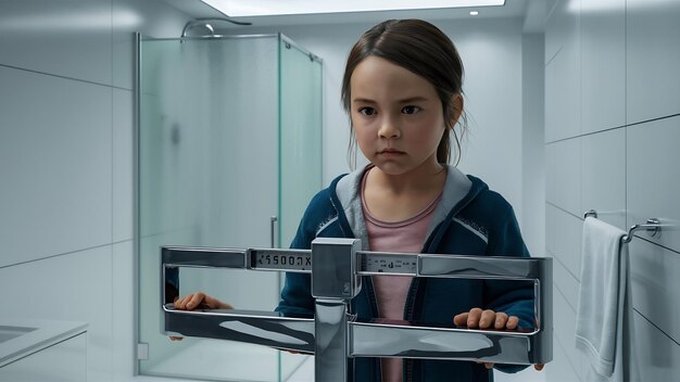 Une fille sérieuse debout sur la balance de la salle de bain.