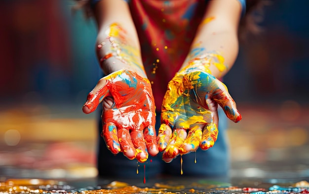 Une fille avec ses mains peintes avec de la peinture