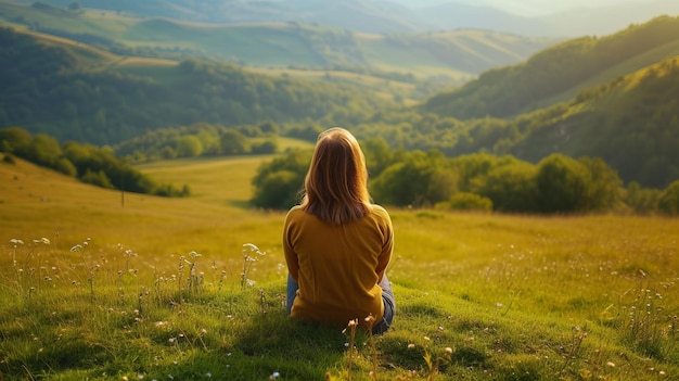 Une fille seule est assise sur une colline et de beaux paysages naturels s'ouvrent devant son concept de solitude.