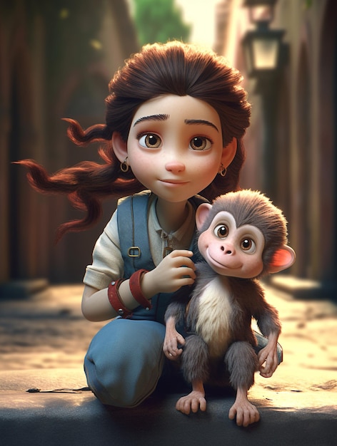 Une fille avec un singe sur ses genoux