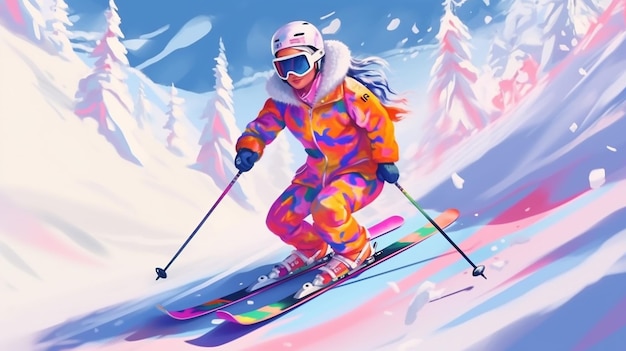 Fille sur le ski un skieur dans un costume et une tenue lumineux Generative AI