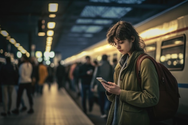 Une fille avec un smartphone se tient parmi un grand nombre de personnes