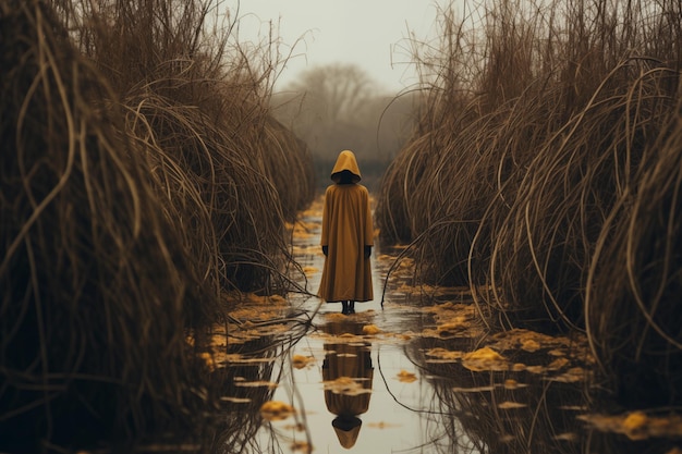 Une fille sombre dans une cape et un manteau entouré de branches entrelacées et d'eau psychologique