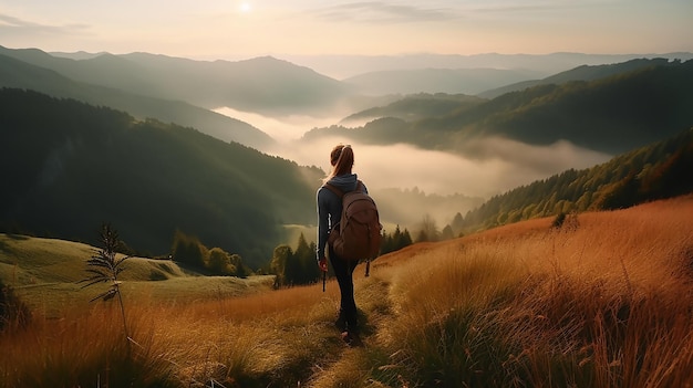 Une fille sur un sommet de montagne regardant une belle vallée de montagne au coucher du soleil en été