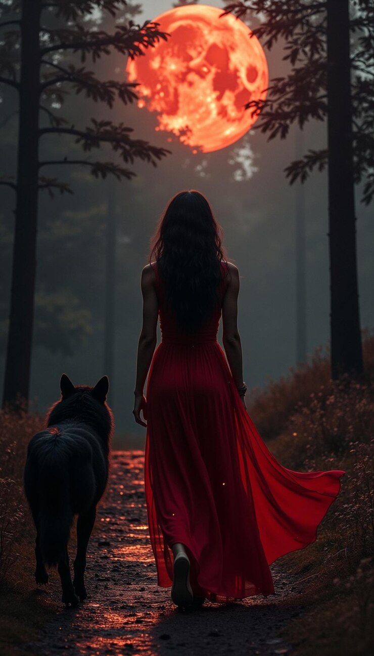 une fille et son chien dans la forêt au coucher du soleil