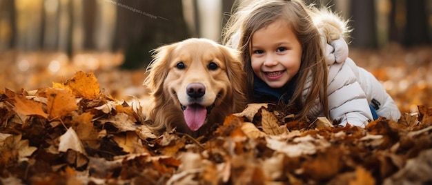 une fille et son chien jouent dans les feuilles d'automne