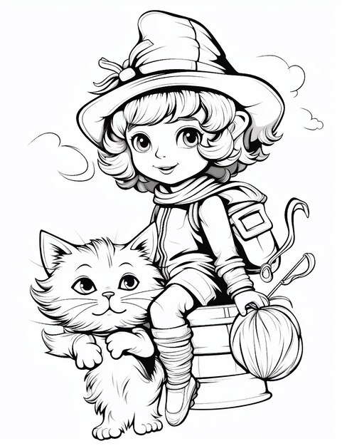 Fille sorcière avec un chat avec un livre de coloriage pour les enfants