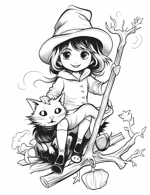 Fille sorcière avec un chat avec un livre de coloriage pour les enfants