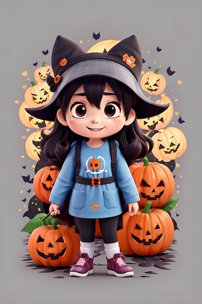 Photo la fille sorcière d'halloween avec des citrouilles style d'animation 3d ia générative