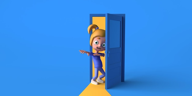 Fille sortant d'une porte Concept de réussite Espace de copie Illustration 3D Dessin animé