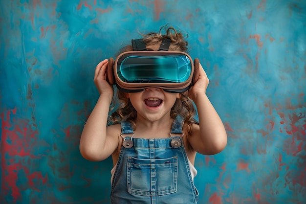 Fille souriante avec un appareil de réalité virtuelle dans un style rétro-futuriste