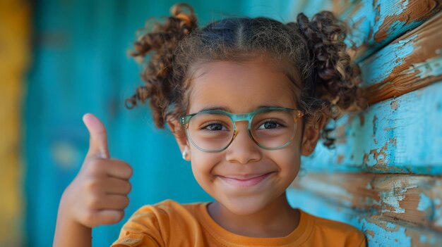 La fille souriante aux lunettes lève le pouce