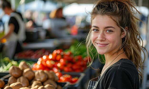 une fille souriante dans un marché avec des tomates et des tomates