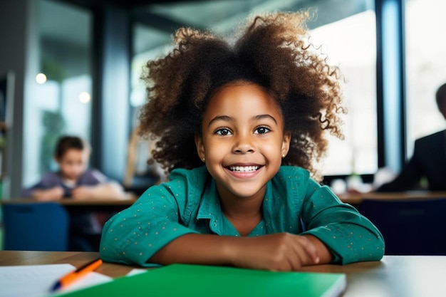 une fille souriante devant un bureau avec un dossier vert avec les mots " lycée " dessus.