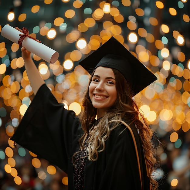 Une fille souriante diplômée avec un chapeau de diplôme