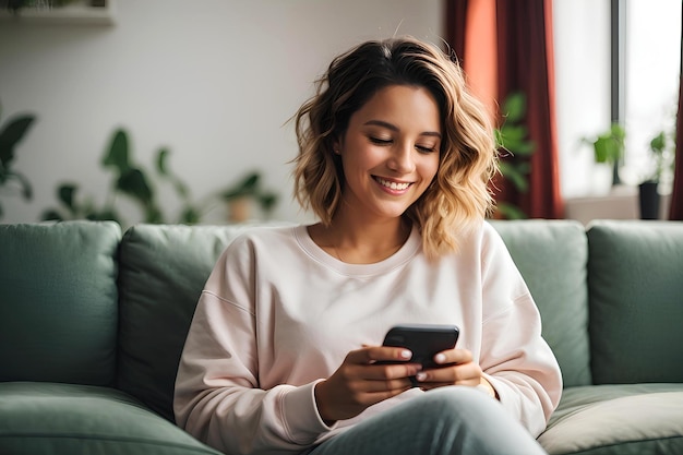 Une fille souriante est assise sur le canapé avec un téléphone dans les mains