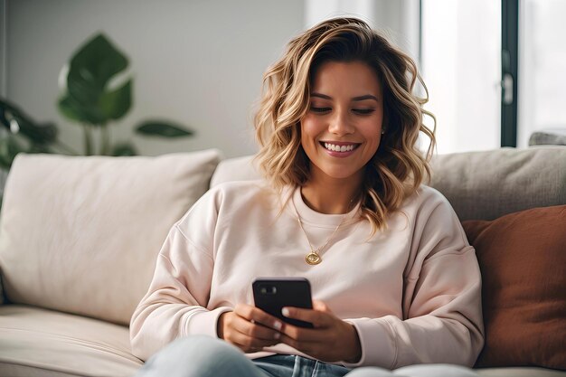 Une fille souriante est assise sur le canapé avec un téléphone dans les mains