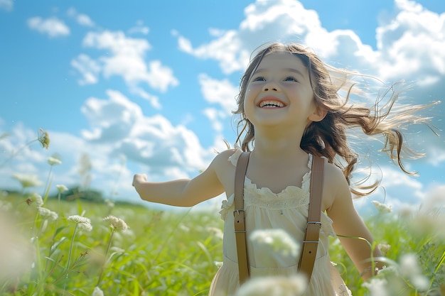 Fille souriante à l'extérieur courant dans le pré Concept bonheur style de vie amusant