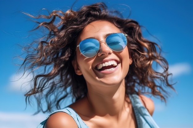 fille souriante sur fond bleu