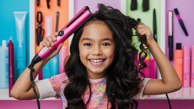 Photo une fille souriante avec un lisse-cheveux