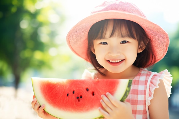 Une fille souriante avec une pastèque