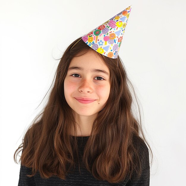 Une fille souriante portant un chapeau de fête sur un fond blanc