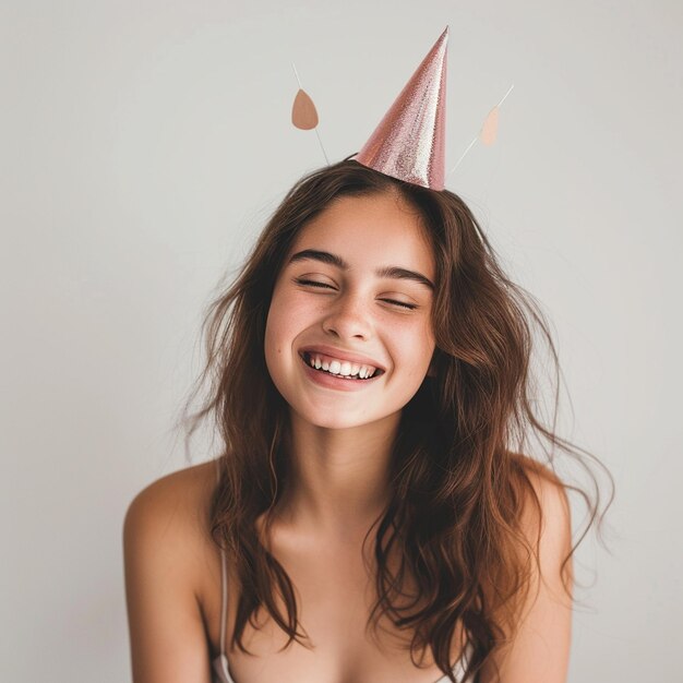 Une fille souriante portant un chapeau de fête sur un fond blanc