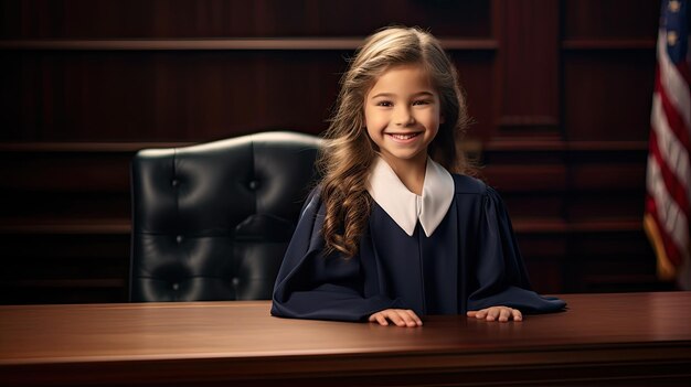 Une fille souriante portant des vêtements de juge en chef.