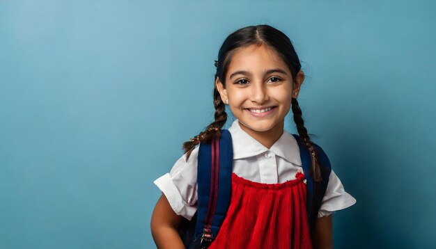 une fille souriante avec un sac à dos qui va en classe sur un fond bleu copie de l'espace