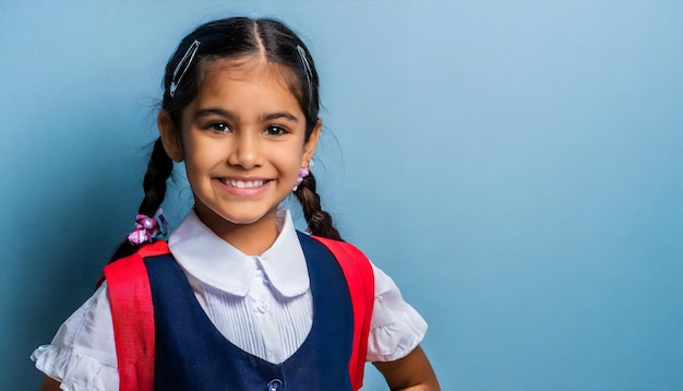 une fille souriante avec un sac à dos qui va en classe sur un fond bleu copie de l'espace