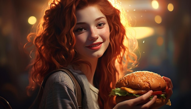 Une fille souriante tenant un burger.