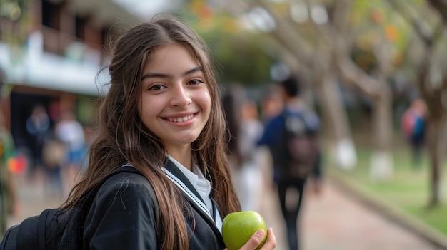 Une fille souriante tenant une pomme verte