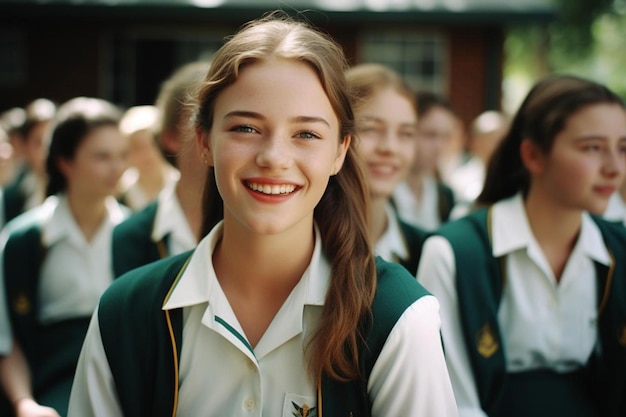 une fille avec un sourire portant un uniforme vert et blanc