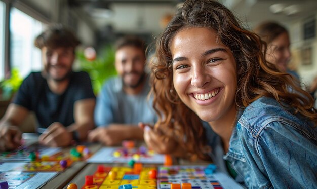 une fille avec un sourire sur le visage joue à un jeu de legos de couleurs