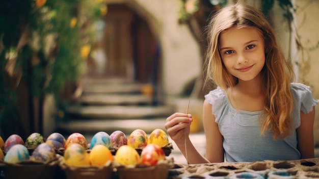 La fille sourit en colorant ses œufs de Pâques avec un pinceau