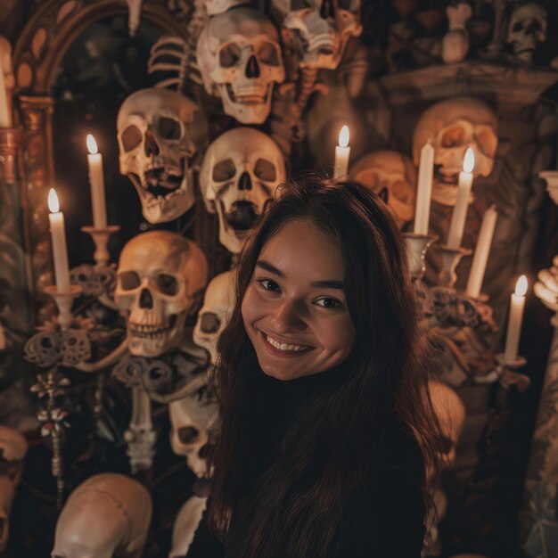 Photo une fille sourit entourée d'os et de crânes ambiance sombre