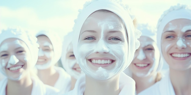 Photo fille de spa avec une expression faciale satisfaite appliquant un masque facial en argile traitements de beauté sur le dos bleu