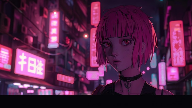 Photo une fille de style anime dans une ville cyberpunk