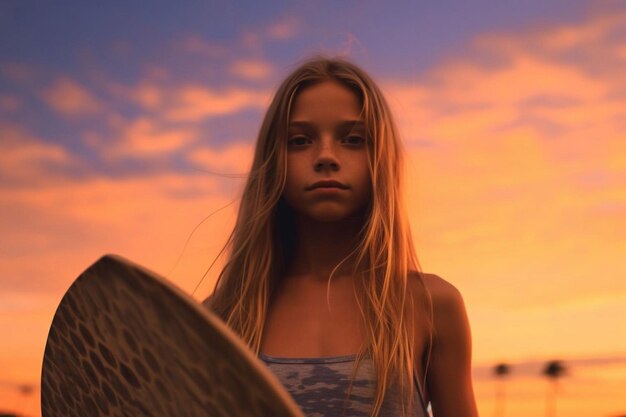 Fille de surf au coucher du soleil Generative AI