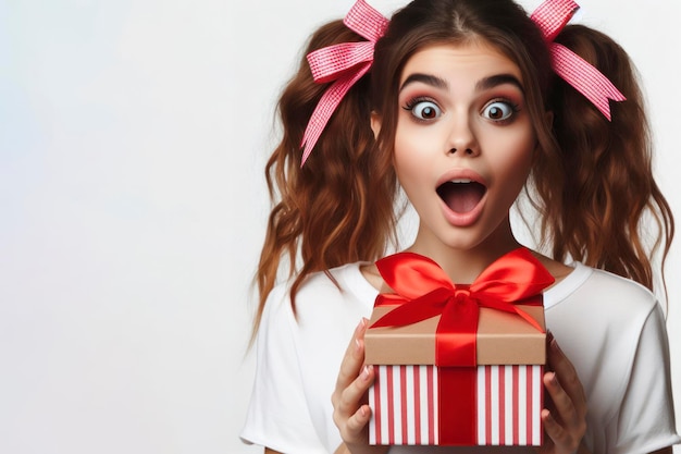 Une fille surprise ouvre une boîte à cadeaux sur un fond blanc