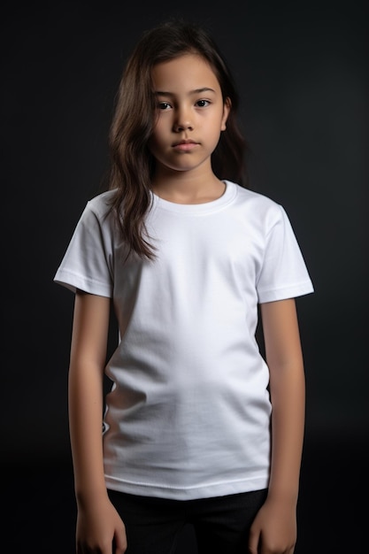 Une fille en t-shirt blanc se tient devant un fond noir.