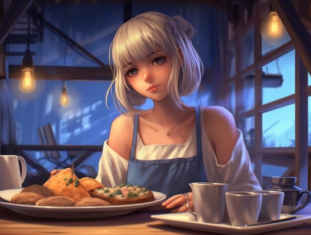 Une fille en tablier bleu est assise à une table avec de la nourriture.